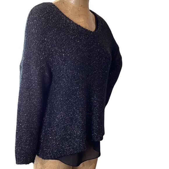 JLO/Jennifer Lopez Black Silver Sequin Shimmer Sweater Chiffon Tank Lined L 301N - Picture 3 of 8